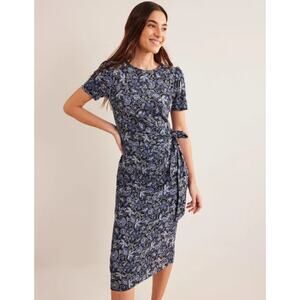 Boden Knot Front Jersey Midi Dress in True Navy, Oriental Lily Size 16-18R